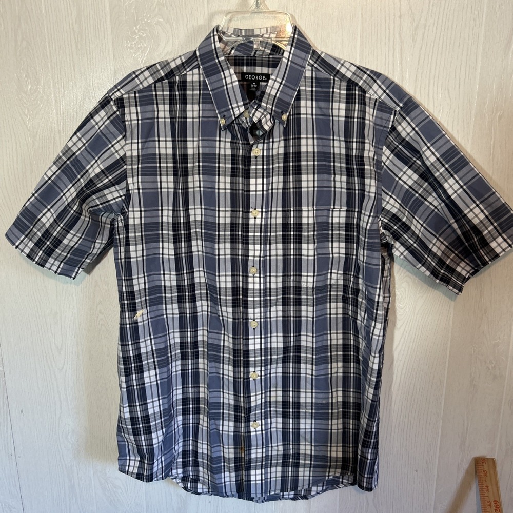 Mens George Medium Navy Plaid Short Sleeve Shirt